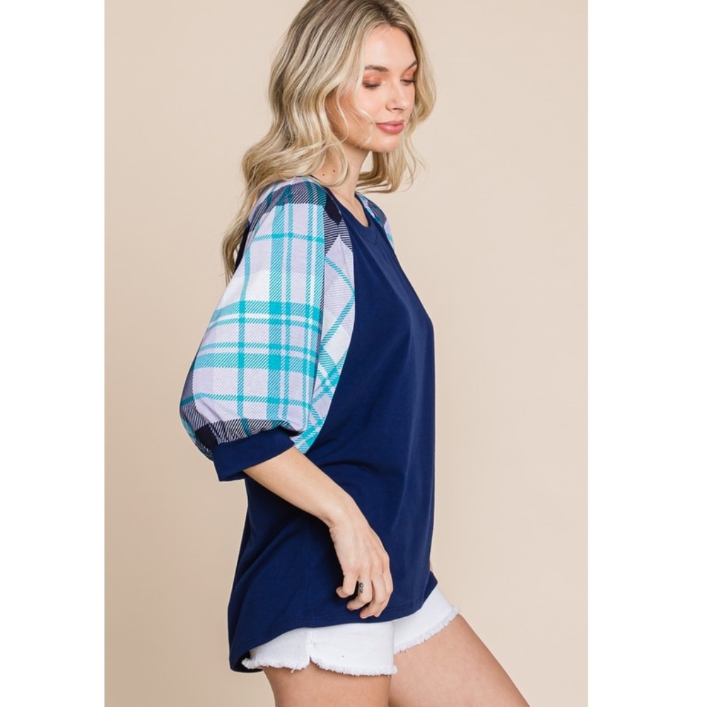 🌻 Emerald Navy Top with Plaid Teal and Light Blue Puff Sleeves - Picture 9 of 9